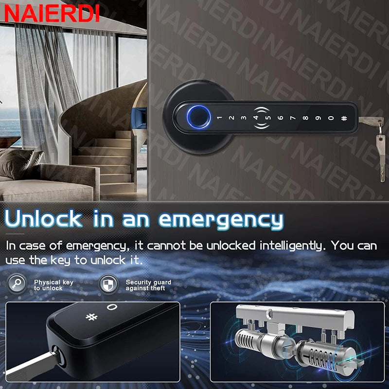 NAIERDI Fingerprint Door Lock with Card 5-1 Keyless Bluetooth Smart Door Lock Tuya APP Security Digital Door Lock with Handle