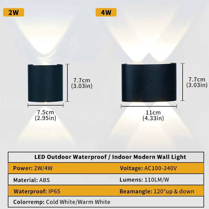 Przewodowa lampa ścienna LED świecąca w górę i w dół, 2 W lub 4 W