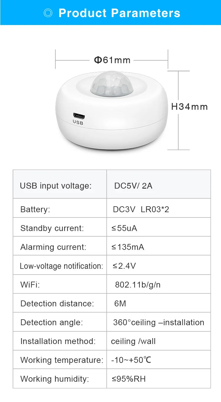 Tuya WiFi Smart PIR Motion Detection Sensor Security Burglar Alarm Sensor Smart Life App Control Support Alexa Google Home