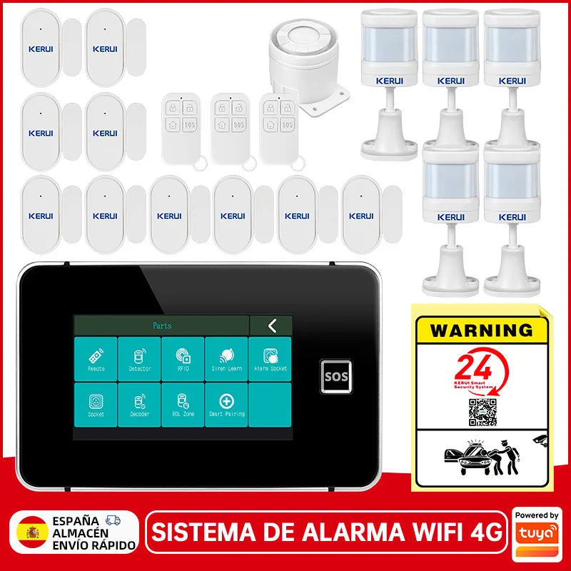 Desde España Entrega Kerui Sistema de Alarma 4G WiFi para Hogar Pantalla Táctil de 4.3 pulgadas Funciona con Tuya 433MHz Alarma de Burglar Seguridad