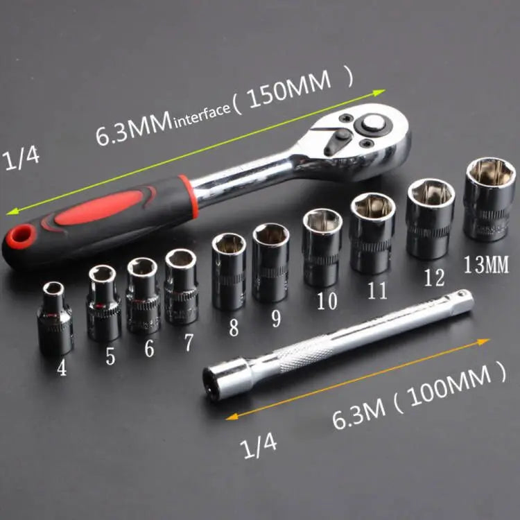 12-Piece Metric Socket Set, 4–13 mm with Ratchet & Extension