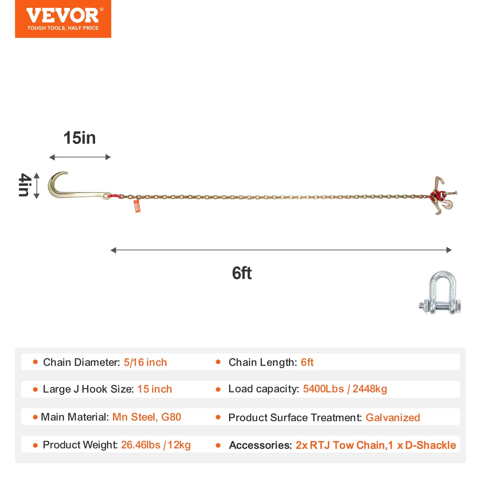Ťahací reťaz G80 s hákom T, 6 stôp, nosnosť 5400 lb, s viacerými hákmi