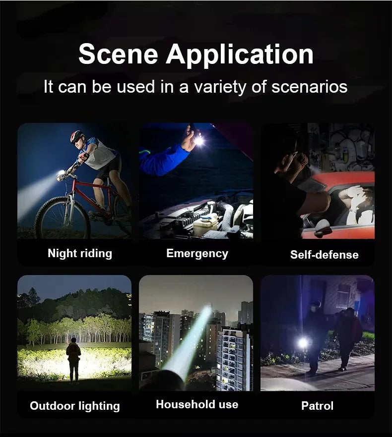 LED Handheld Flashlight Ultra-Bright 50000Lumens 12000mAh Rechargeable Battery Powerful Torch Zoomable Tactical Lantern