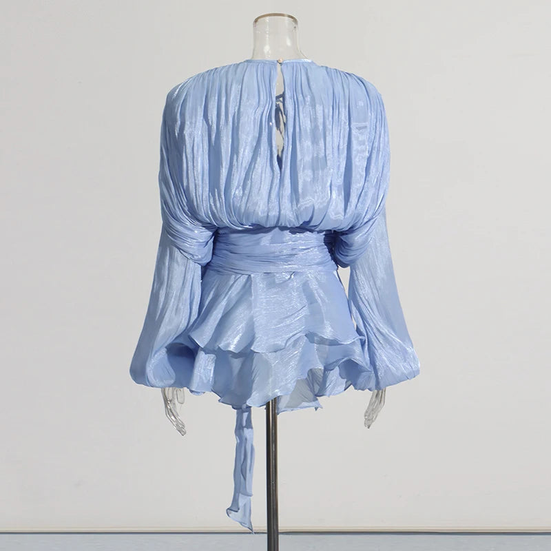 TWOTWINSTYLE Solid Patchwork Lace Up Blouse Mini Dresses For Women V Neck Long Sleeve Sweet Style Dress Female Clothing Fashion