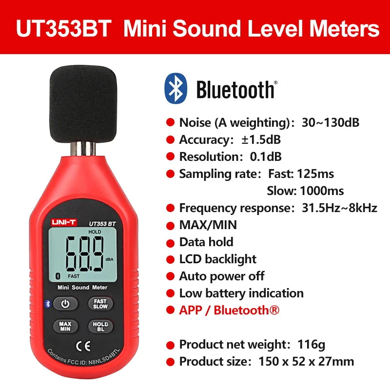 Sonomètre UNI-T UT353 UT353BT, niveau sonore de 30 à 130 dB, décibelmètre, détecteur de son numérique