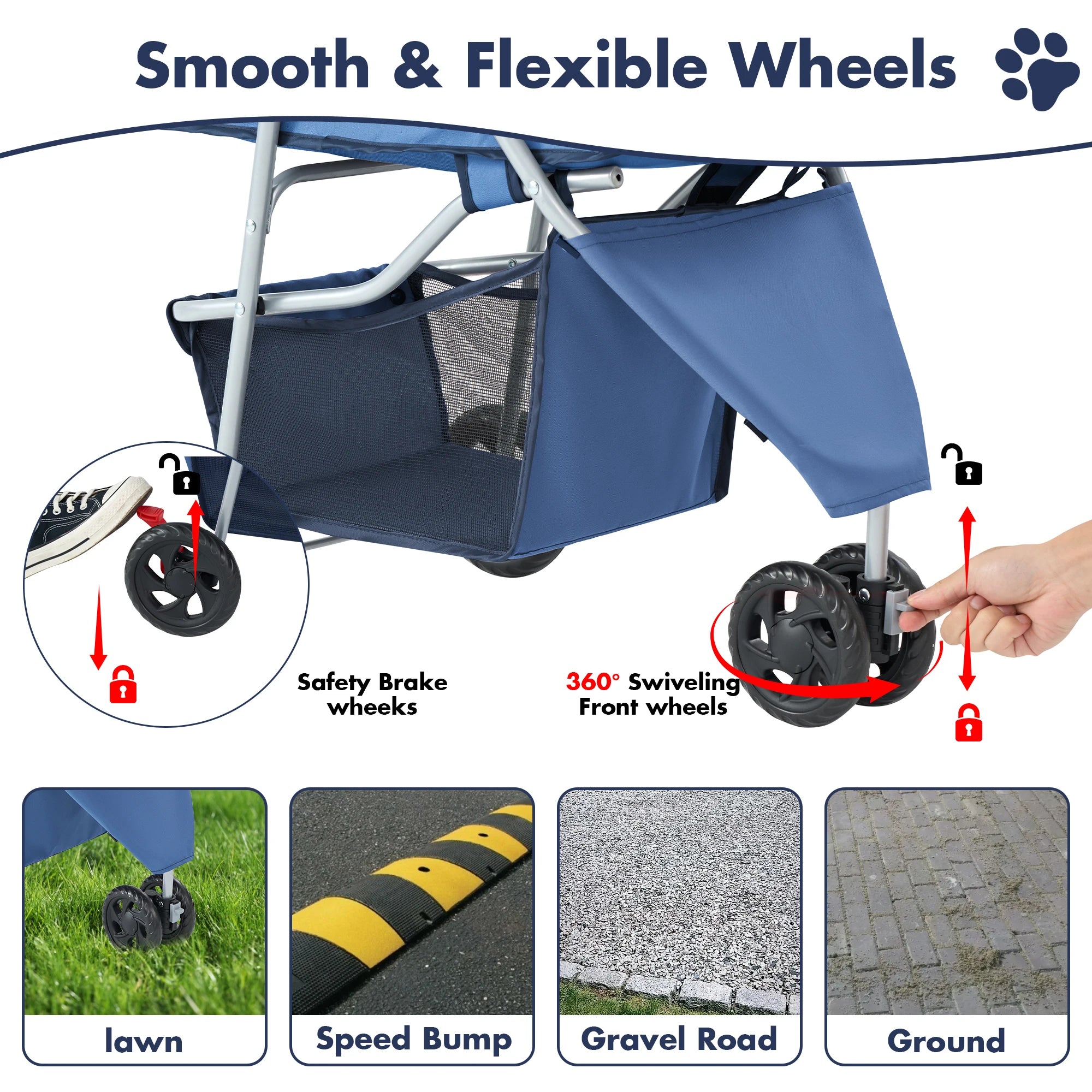 3-Wheel Foldable Pet Stroller with Storage & Mesh Windows