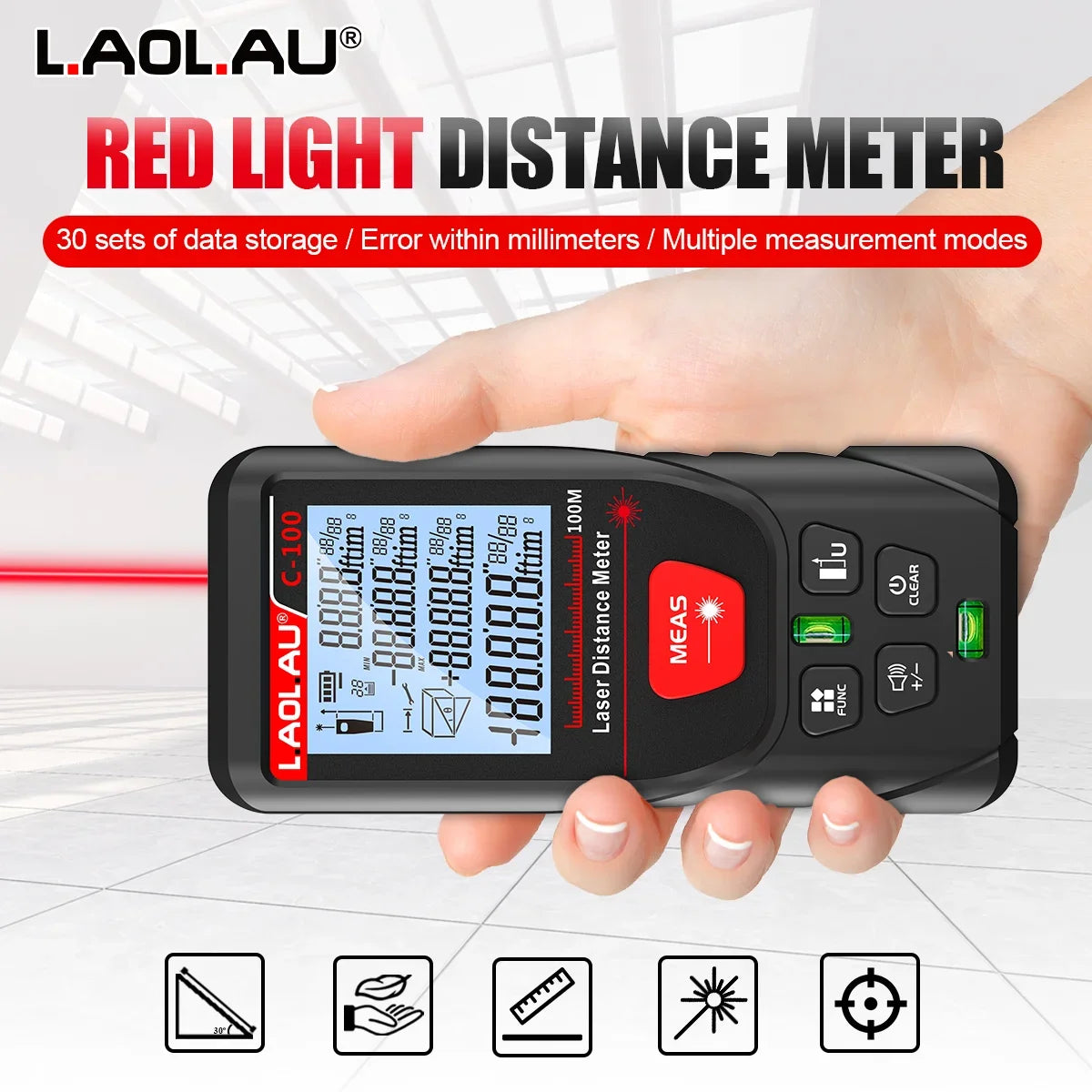 Telemetru laser cu afișaj iluminat, IP54