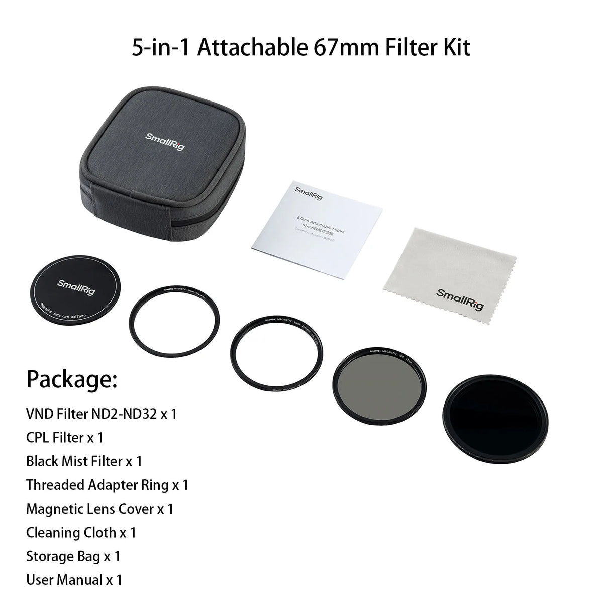 SmallRig 5-in-1 Attachable Filter Kit VND 2-32 & CPL & 1/4 Effect Black Mist (67mm) with VND, CPL, and Black Mist Filters 4726