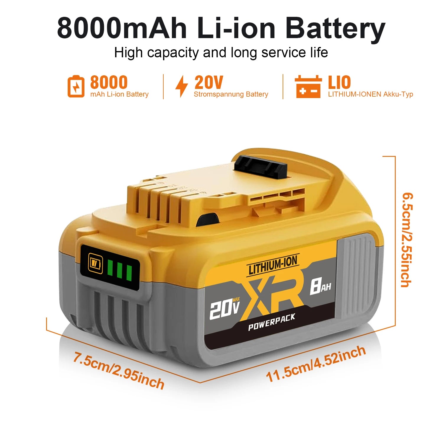 20V Replacement Battery Pack 8000mAh Li-Ion Compatible with DCB200 DCB205 DCB206 DCB210