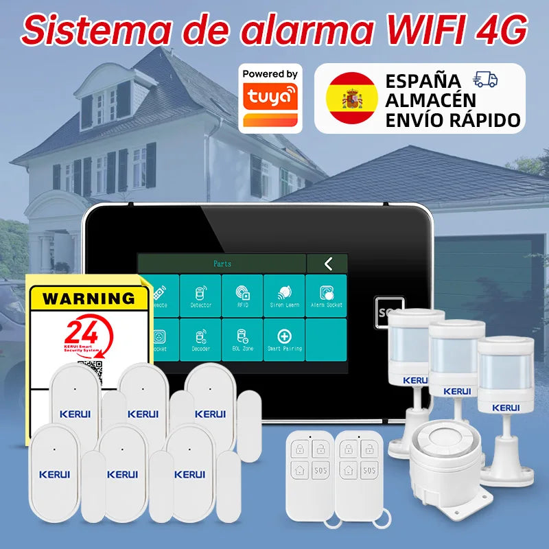 Desde España Entrega Kerui Sistema de Alarma 4G WiFi para Hogar Pantalla Táctil de 4.3 pulgadas Funciona con Tuya 433MHz Alarma de Burglar Seguridad