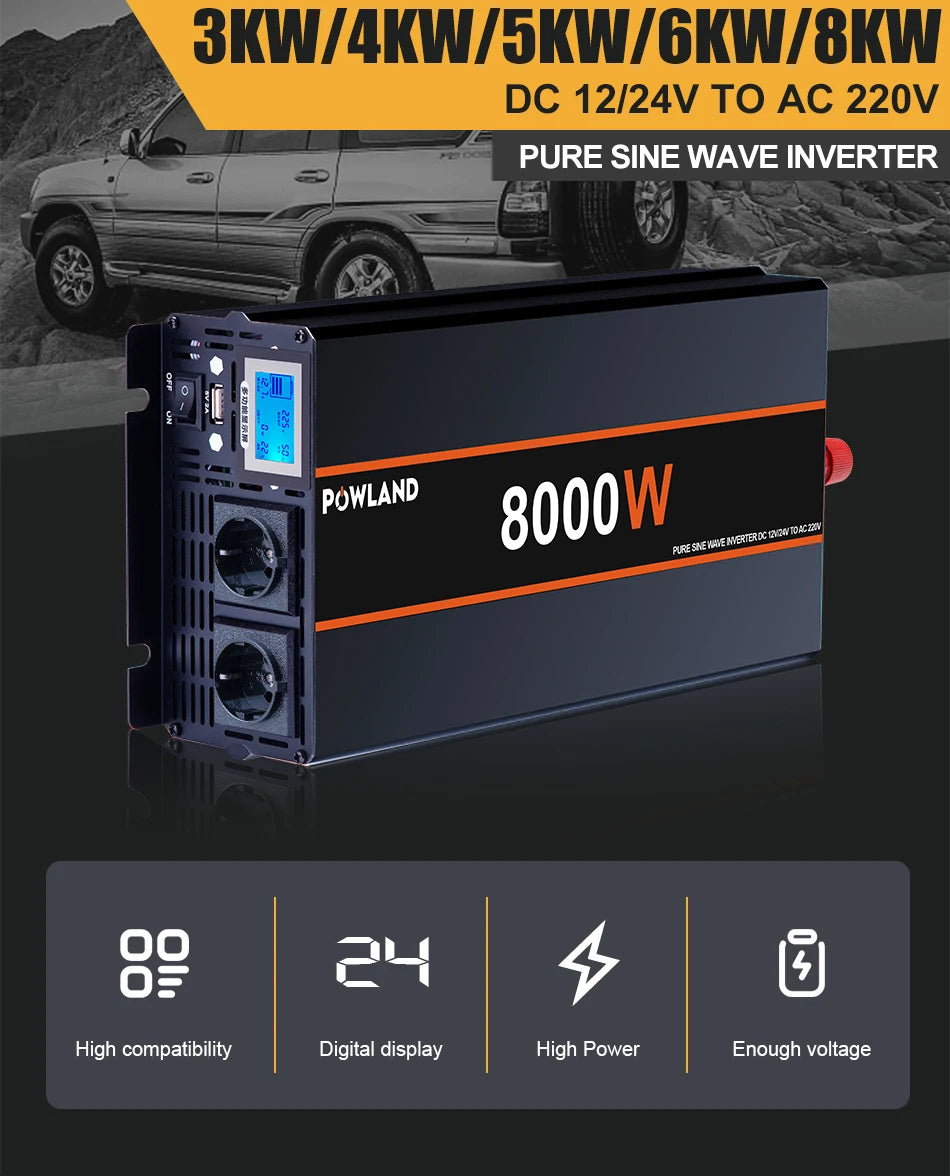 POWLAND Pure Sine Wave Inverter 8KW 6KW 5KW 4KW 3KW DC 12V 24V To AC 220V 50Hz Portable Power Converter With Remote Controller