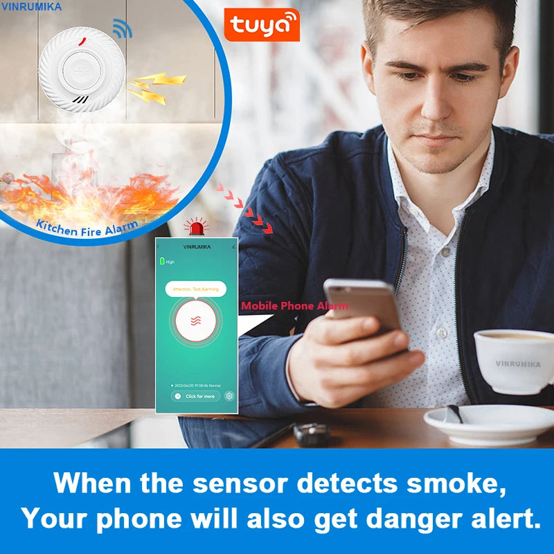 WiFi Tuya Smart Smoke Detector With Built-in 10 Year Lithium Battery For Parlor Room Kitchen Shop Fire Inspection Alarm Sensor