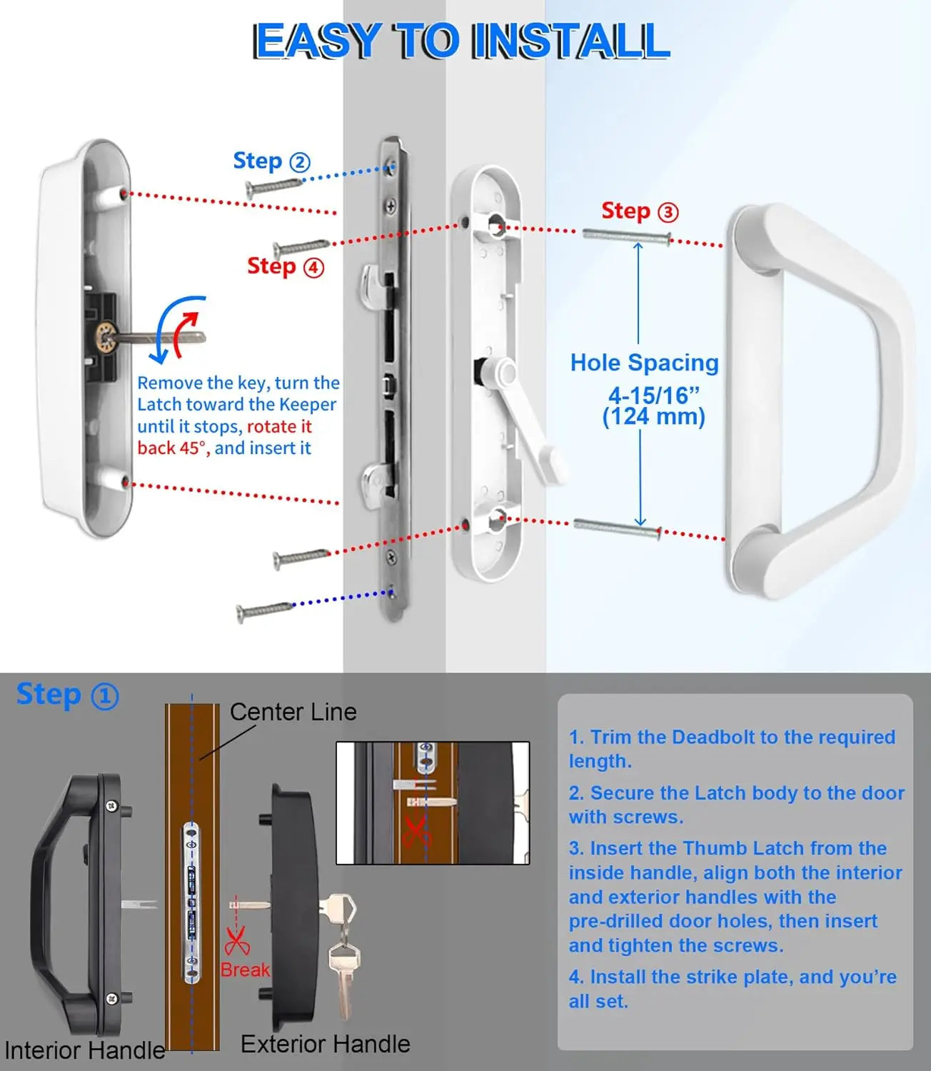 Sliding Patio Door Handle Set with Key Lock, Reversible Fit 1.5–2in