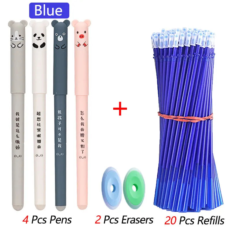 4+2+20 Pcs/Set Kawaii Erasable Gel Pens 0.35mm Waterproof Blue/Black/Red Gel Ink Stationery School supplies for Office Student
