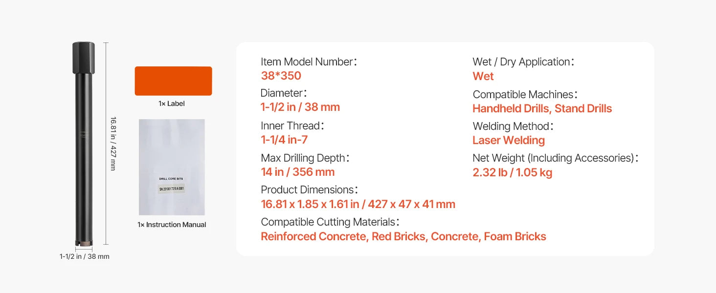 Diamond Core Drill Bit with Adapters for Concrete & Brick Drilling
