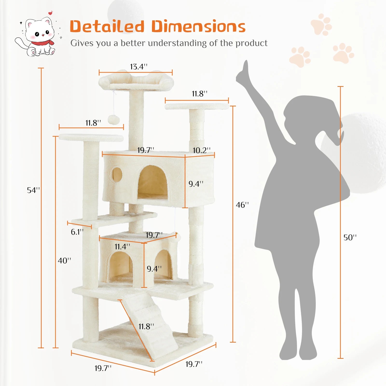 54in Multi-Level Cat Tree Tower with Condo & Sisal Scratching Posts