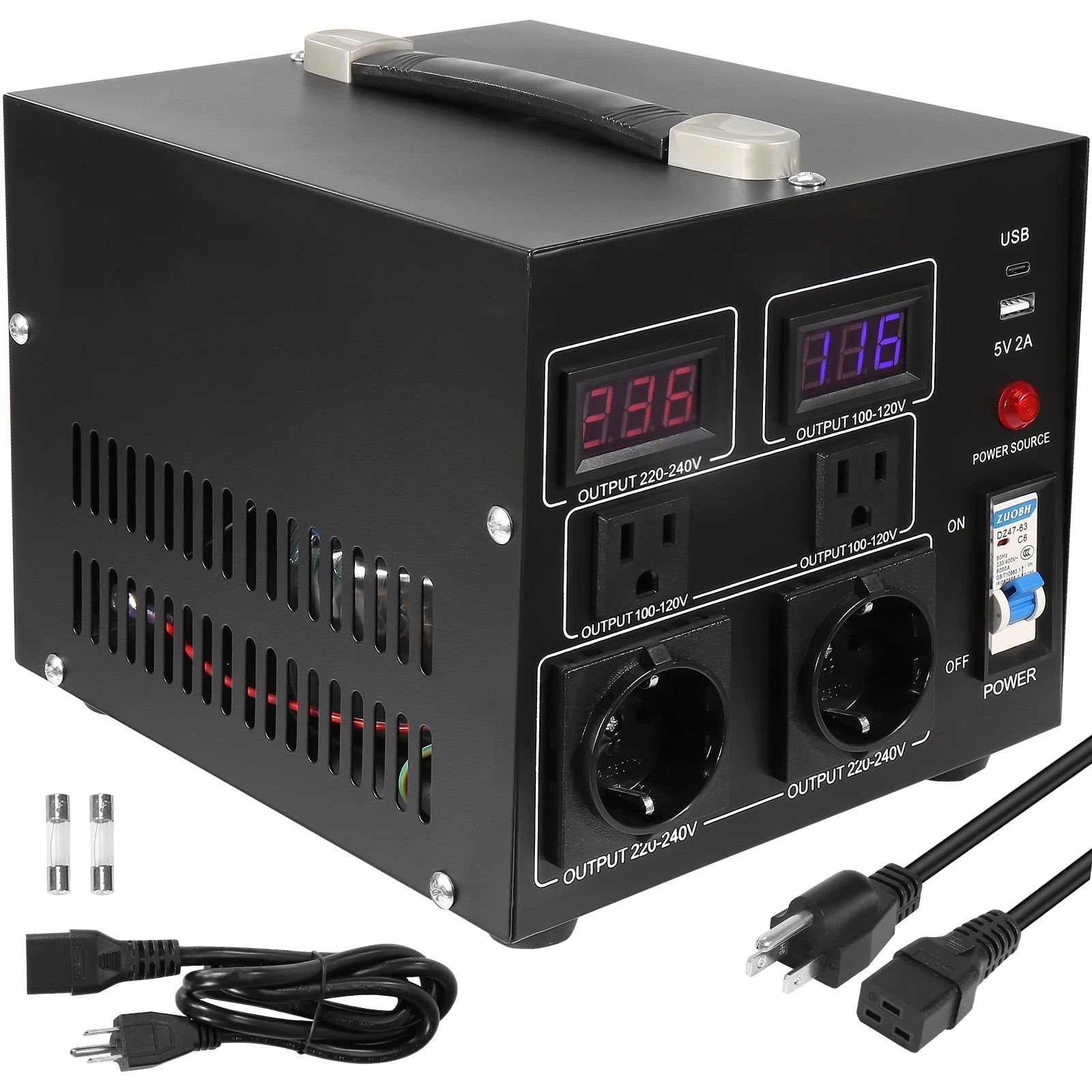 Step Up Down spanningsomvormer 2000VA–5000VA met USB- en EU/US-stopcontacten