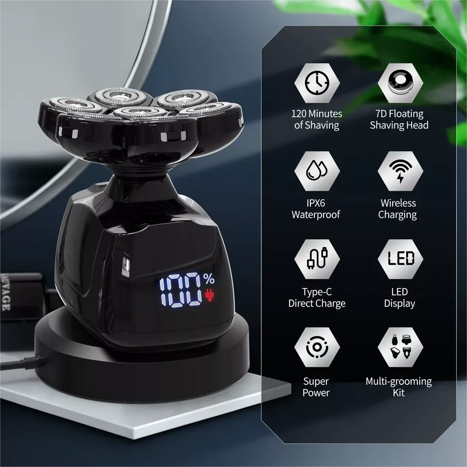 Rasoir de tête 7D pour hommes chauves – Trousse de toilettage électrique étanche