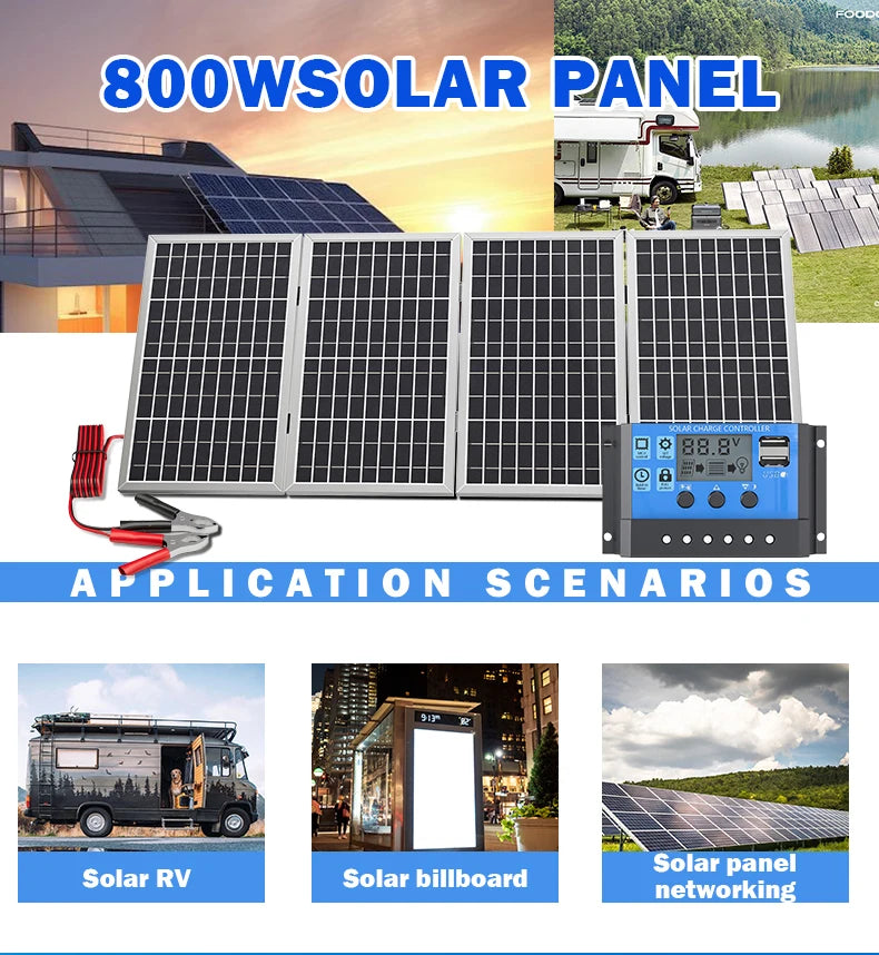 800W solárny panel Skladací rám Odolný, Prenosný solárny panel Dizajn pre kempovanie, vozidlo RV a núdzový prúd