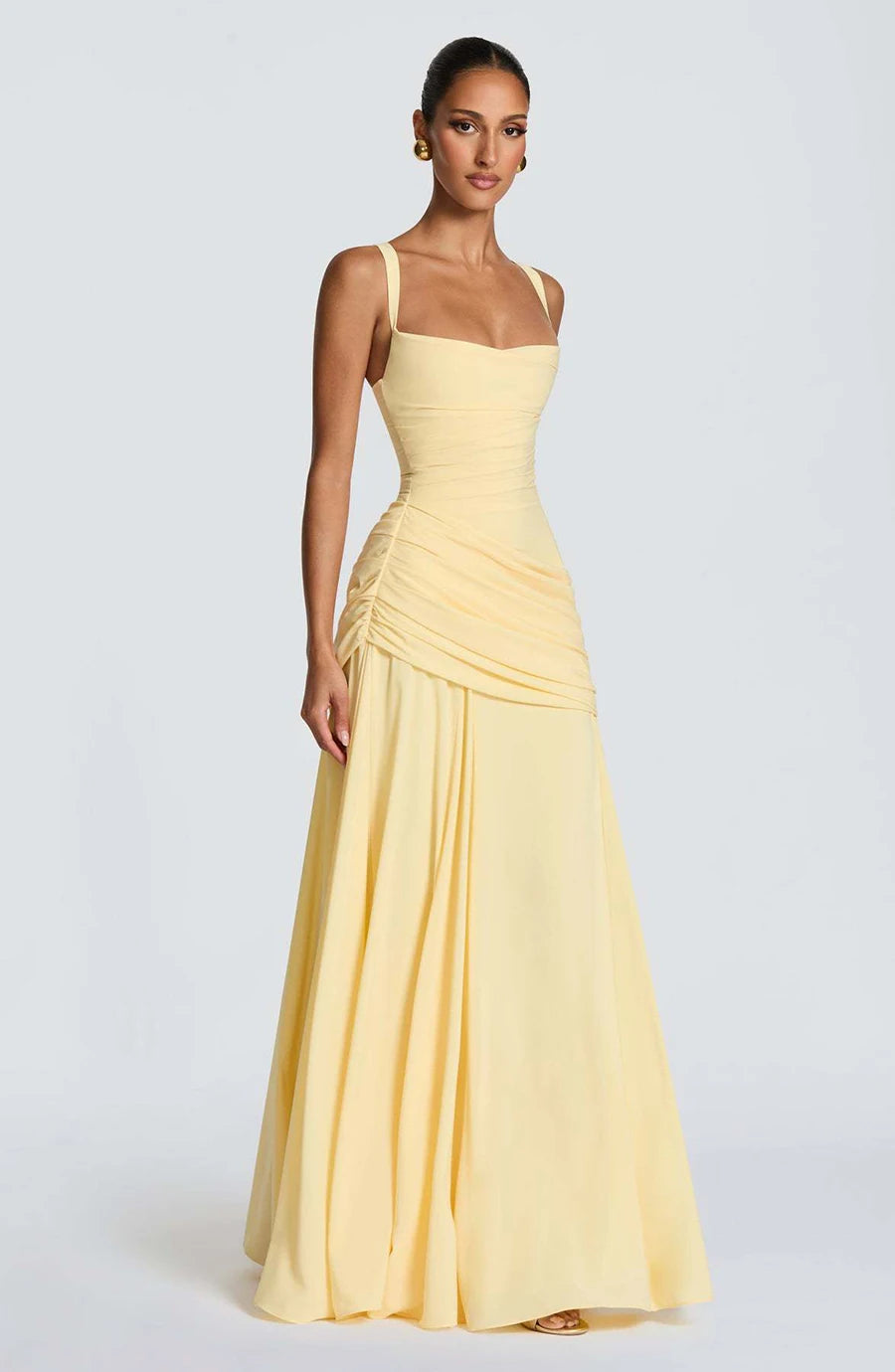 Women’s Elegant Ruched Backless Maxi Dress with Square Neck