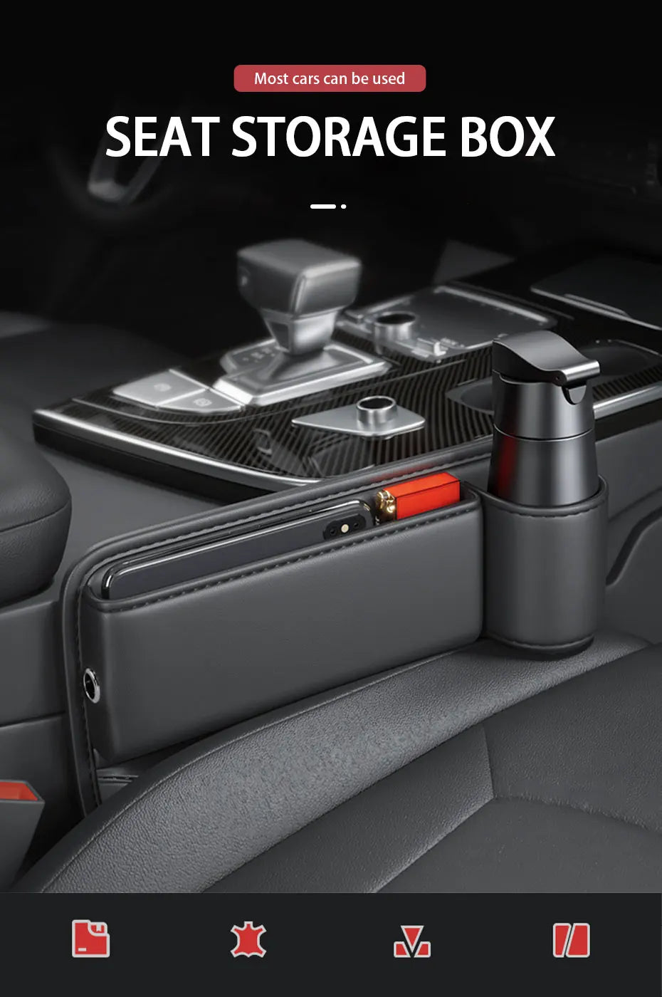 SEAMETAL Car Seat Gap Organizer with Cup Holder Wear-Resistant PU Leather Center Console Storage Bag Universal Seat Gap Filler