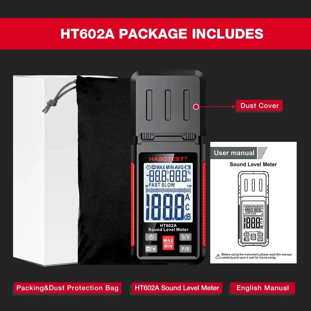 HABOTEST HT602A Sound Level Meter Digital Handheld DB Meter HT602B Noise Audio Level Meter 30-130dB Decibels Mini Sound Meter