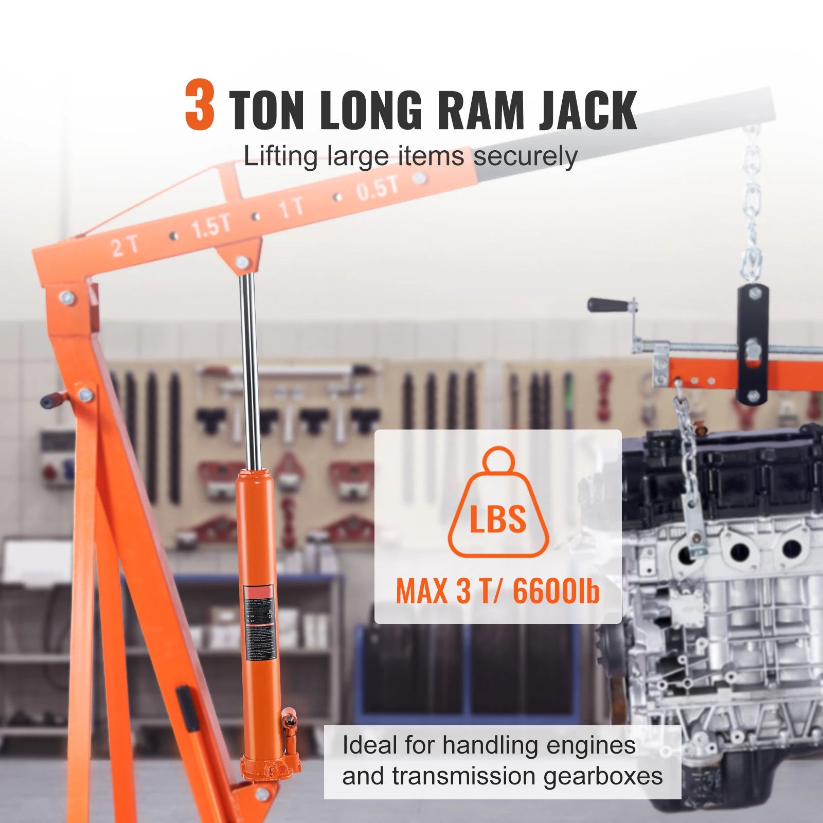 3-Ton Hydraulic Long Ram Jack for Engine Hoists with 26–46" Lift Range