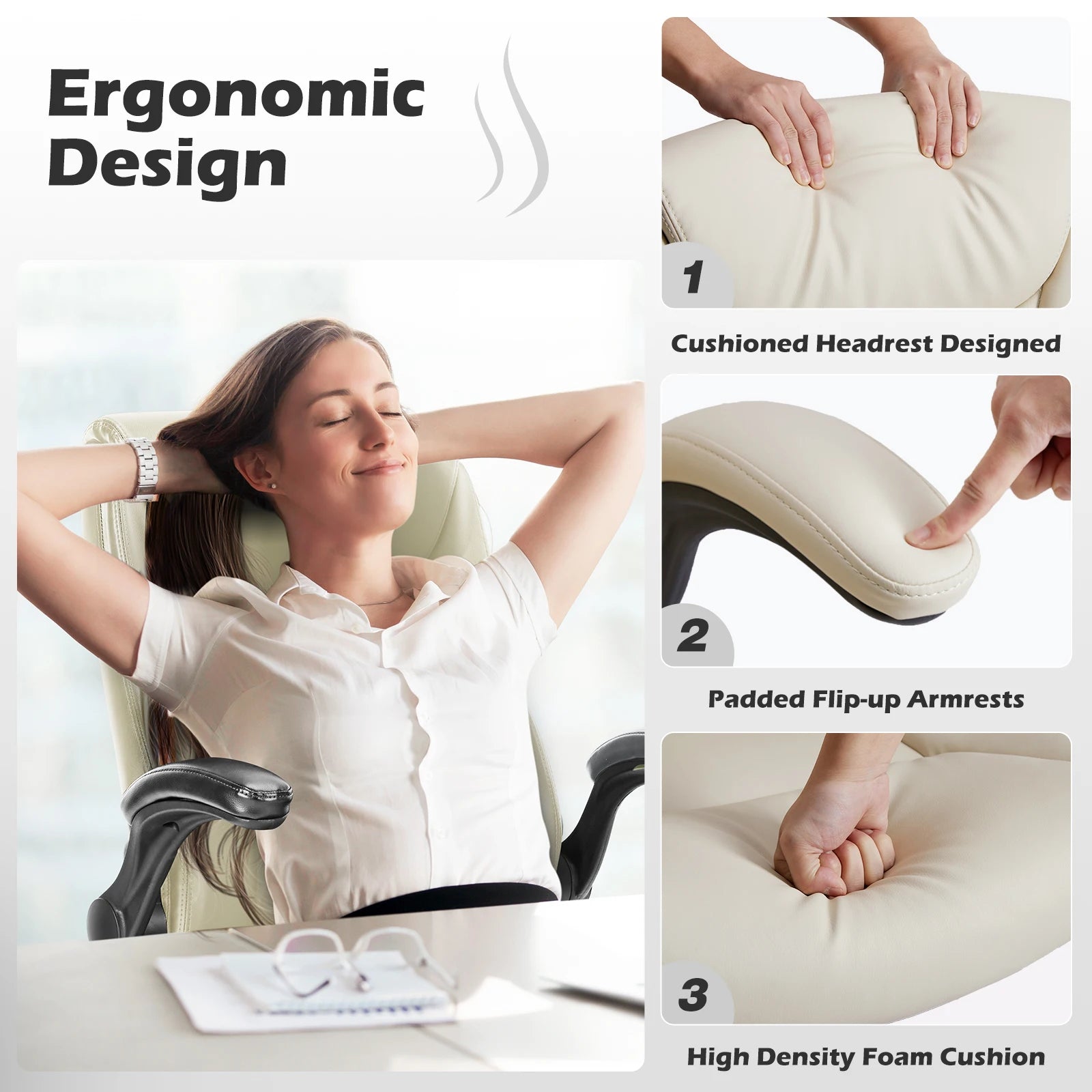 Ergonomisk kontorstol med vipbare armlæn, drejelig sæde i PU-læder