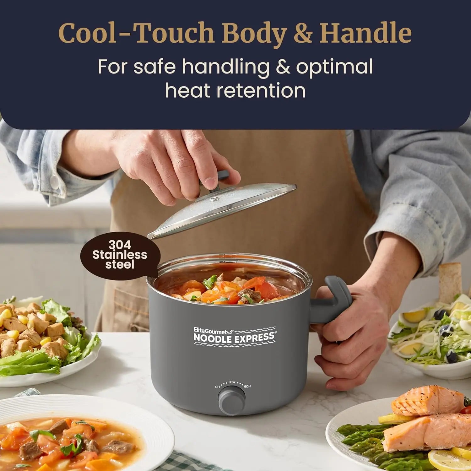Hot Pot, Prepare Ramen, Rice, Soups, Stews, Boil Water, Stainless-Steel Interior, Glass Lid, High/Low/Off Settings, Grey