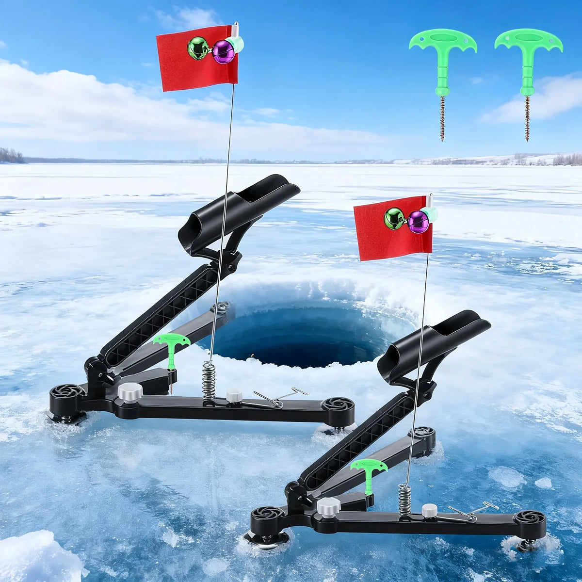 Taivutettava jääkalastusvälineen teline, lippu ja kello