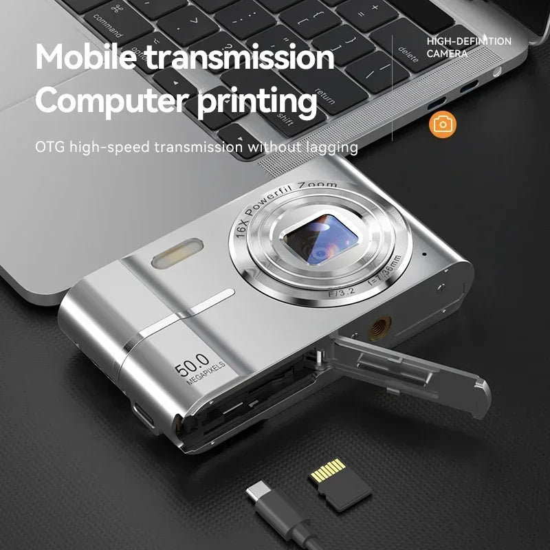 5K 50MP Mini Digital Camera with 16X Zoom, 2.4 Inch IPS Display & Flash