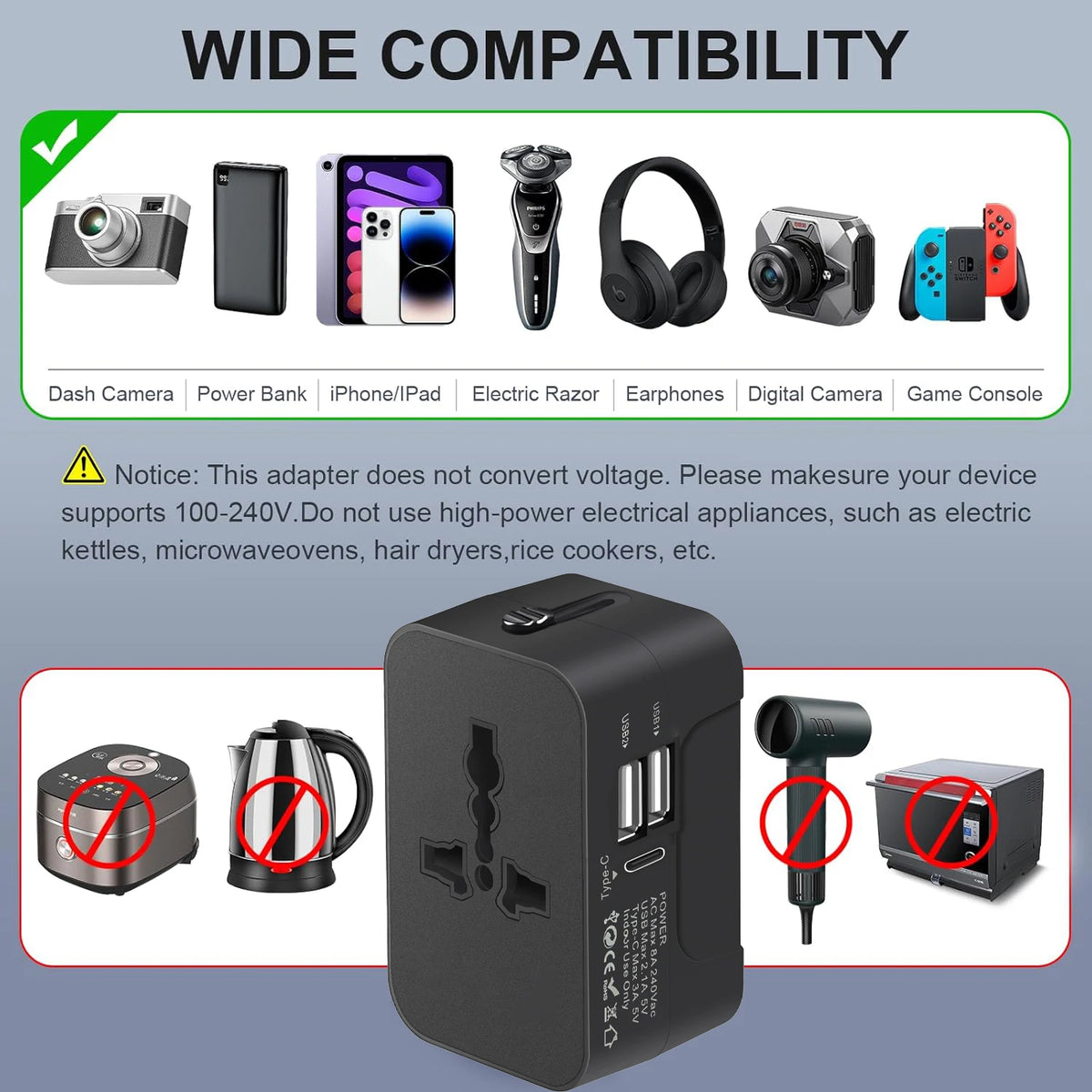 Universeller Reiseadapter mit USB und USB-C