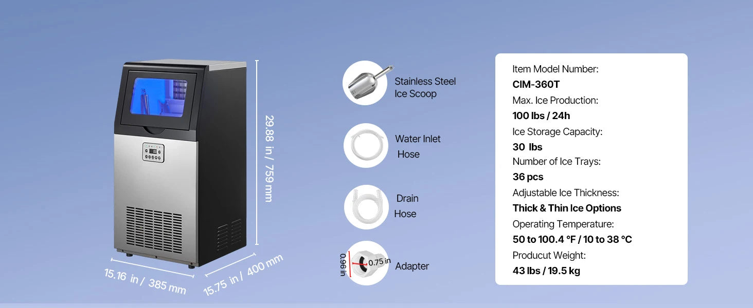 Commercial Ice Maker 80lbs/24h with LED Display & Self-Cleaning