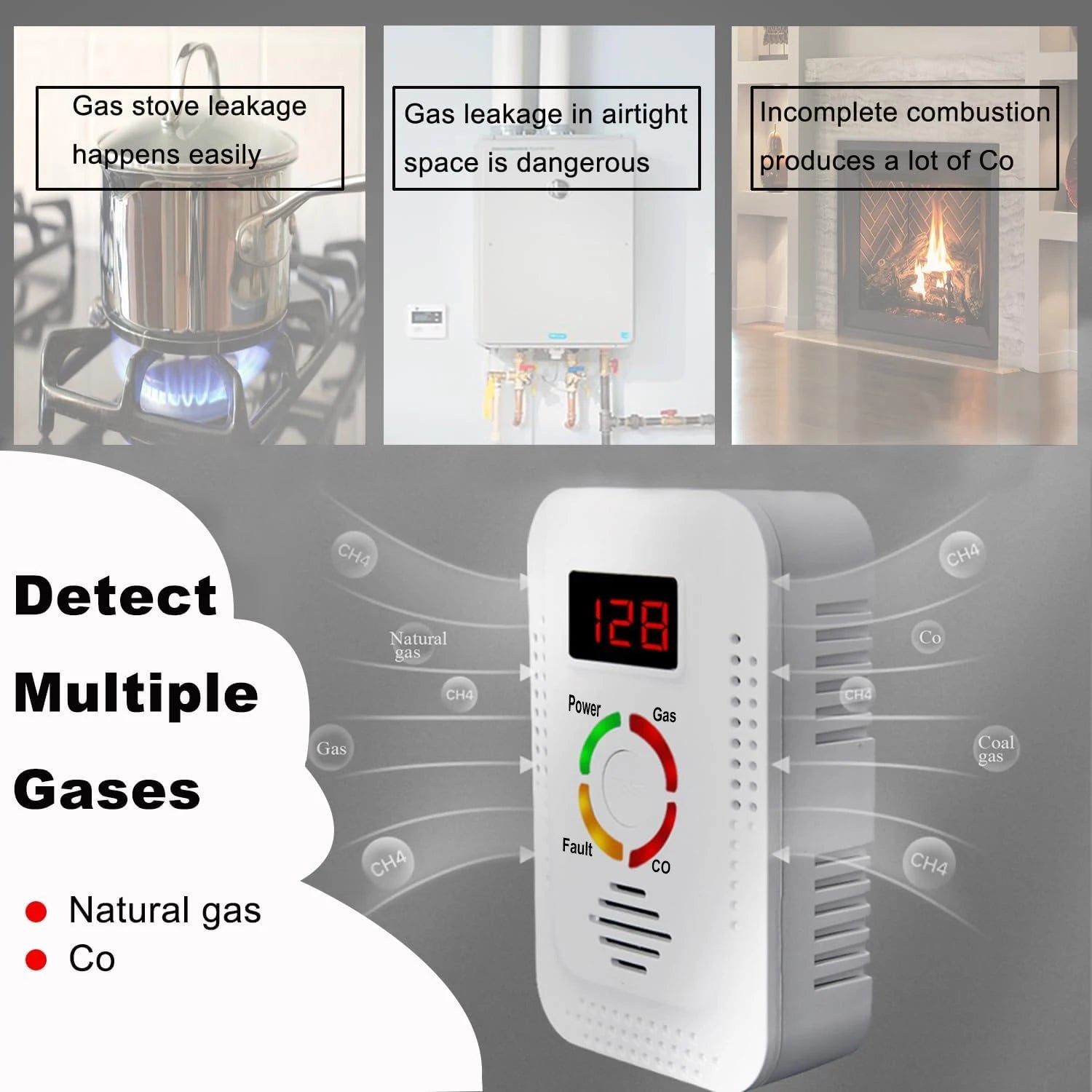 2 in1 Natural Gas Detector And Carbon Monoxide CO Detector, Combustible Gas Leak Detector Monitor For Co, Lng, Lpg, Methane
