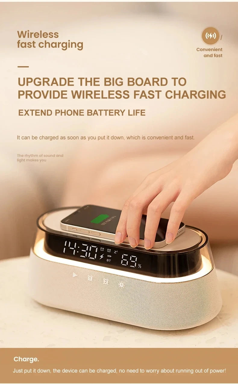 6-in-1 Smart Alarm Clock - 15W Wireless Charger, Bluetooth Speaker, FM Radio, Dual Alarm, USB Charger & RGB Night Light