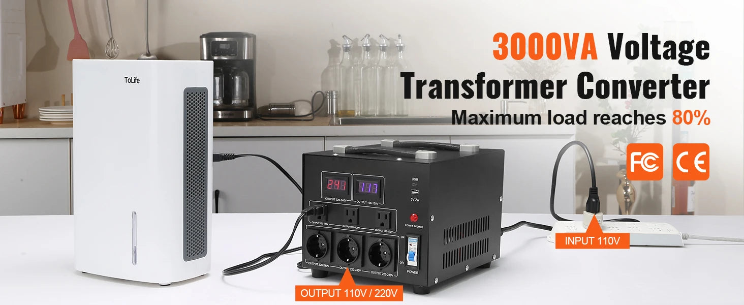 Step Up Down spanningsomvormer 2000VA–5000VA met USB- en EU/US-stopcontacten