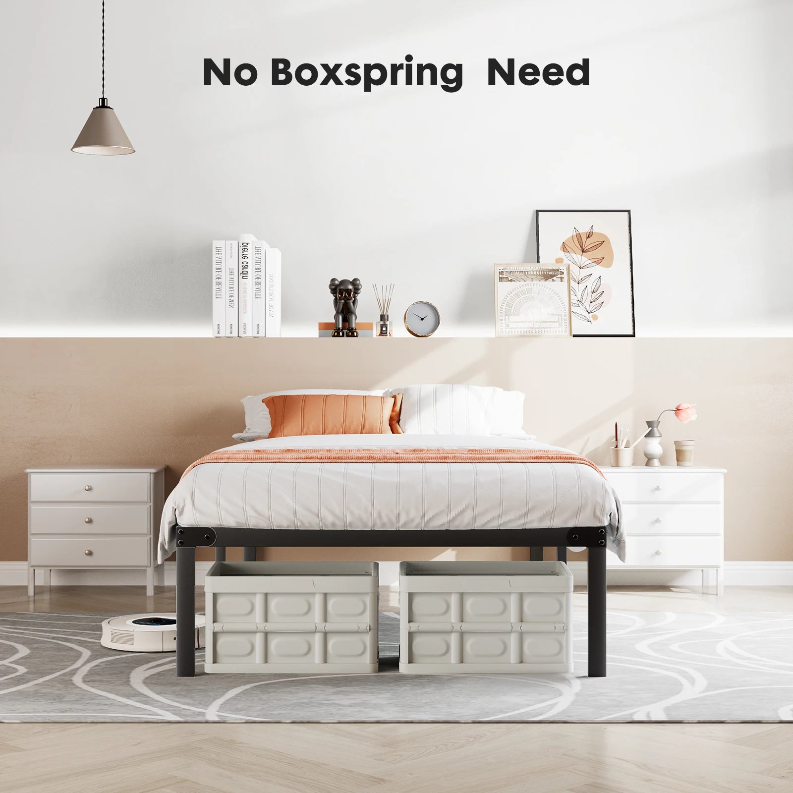 Metal Platform Bed Frame with Steel Slats and 14" Underbed Clearance