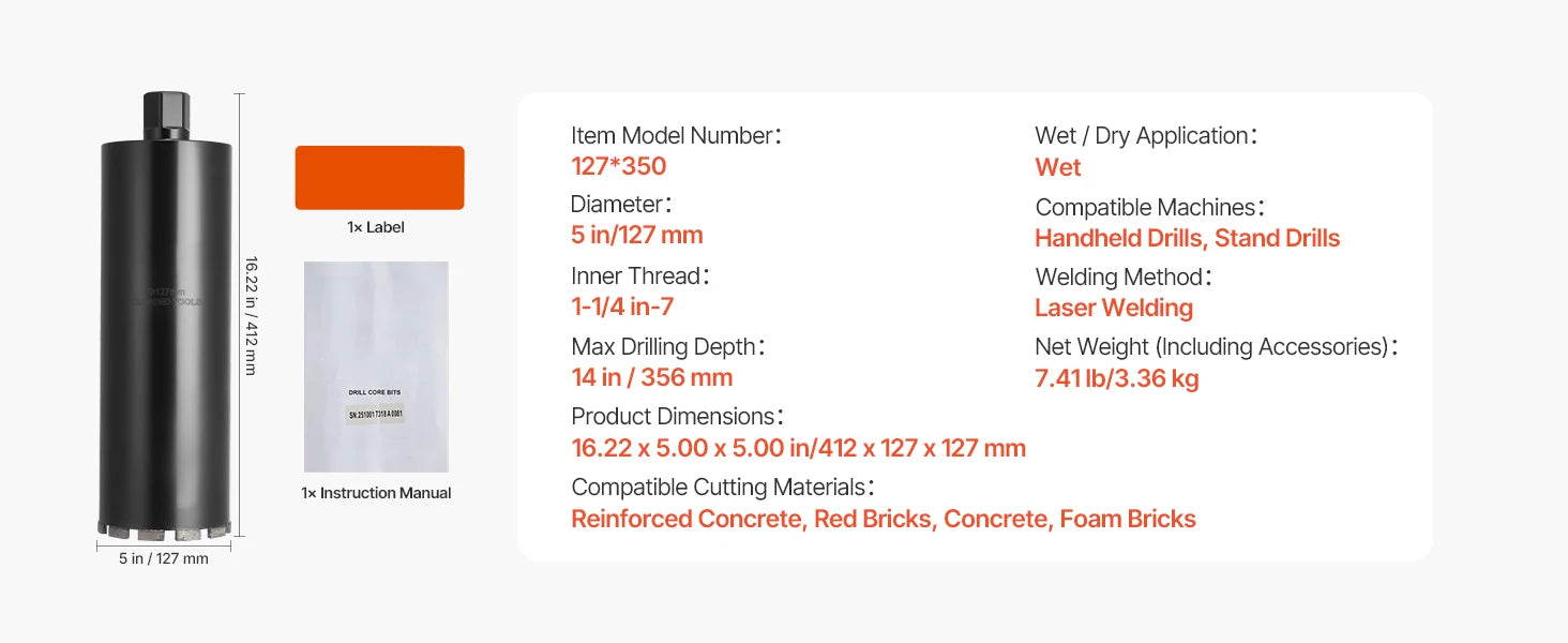 Diamond Core Drill Bit with Adapters for Concrete & Brick Drilling