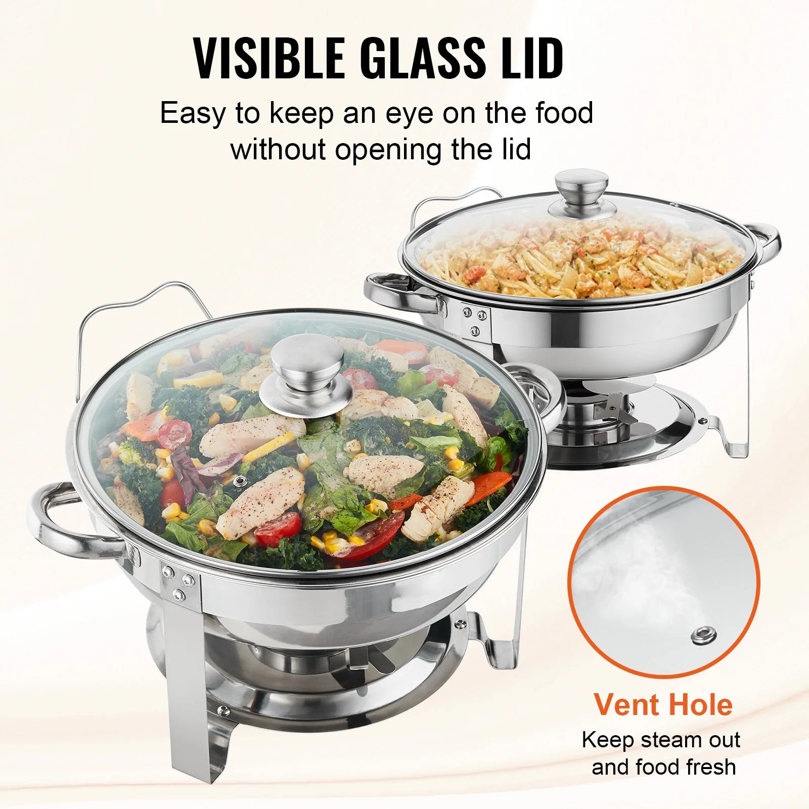 4 Qt Round Chafing Dish Buffet Set with Glass Lid (2 Pack)