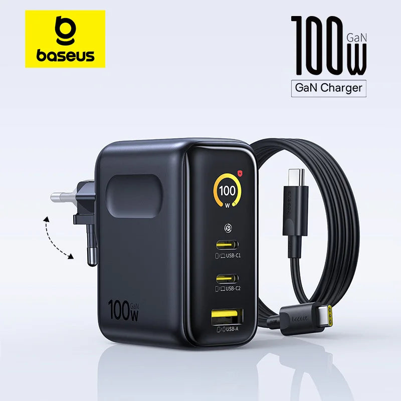 Baseus 100W GaN rychlá nabíječka s displejem, 3 porty USB-C a USB-A