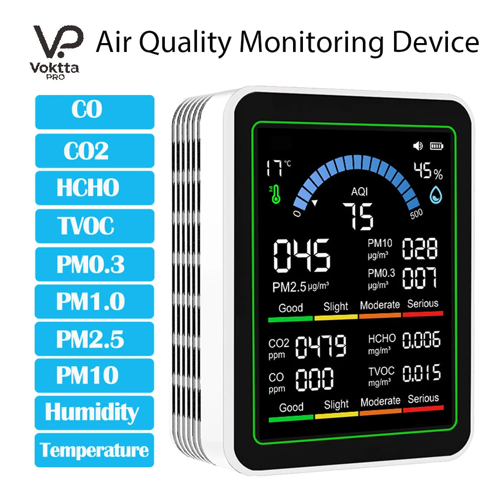 Monitor de calidad del aire 10 en 1, medidor de CO2, CO, TVOC, HCHO, PM2.5, PM1.0, PM10, medición de temperatura y humedad, detector de dióxido de carbono