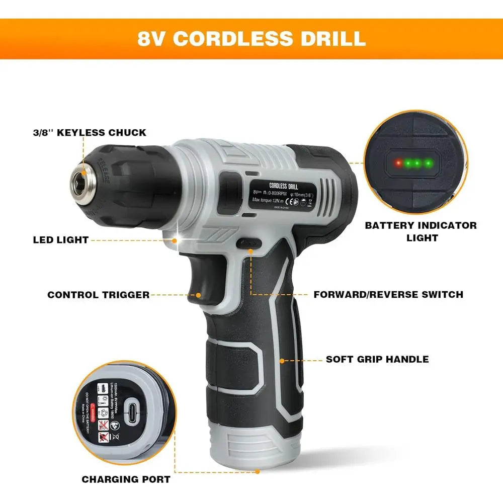 180-Piece Tool Kit with 8V Cordless Drill for Home Repairs