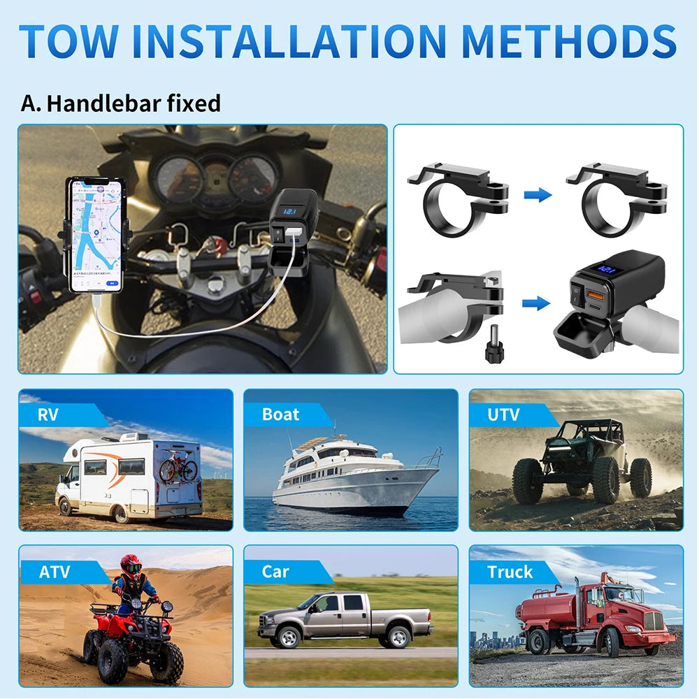 PD+QC3.0 Motorcycle USB Fast Charger 60W Handlebar Dual USB Socket with Switch Voltmeter Waterproof 12V Power Supply Adapter