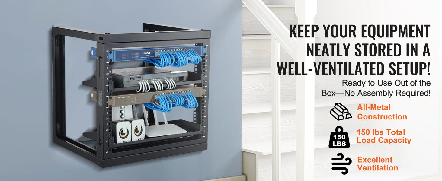 9U Wall Mount Server Rack 19 Inch Open Frame 150 lb Capacity