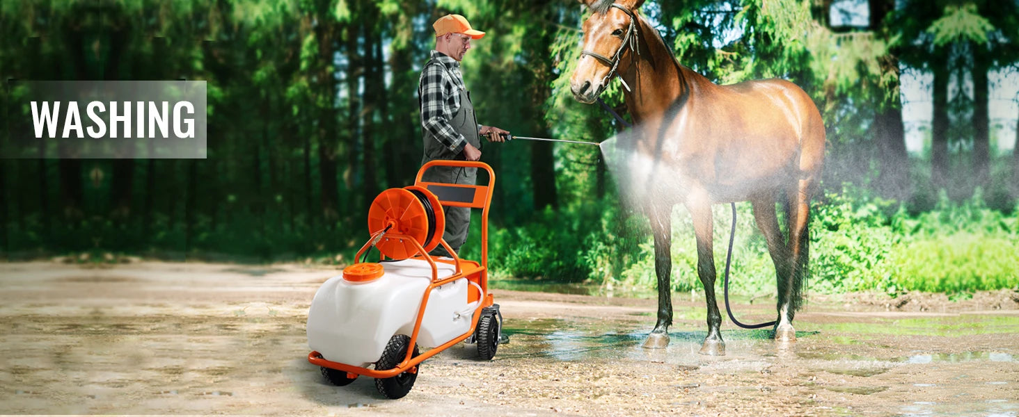 Pompe à lessive powered par batterie de 15 gal agricole à gâchette avec chariot à roues, tuyau de 126 pieds avec enrouleur, 8 gicleurs, 2 manches avec verrouillage pour cultures