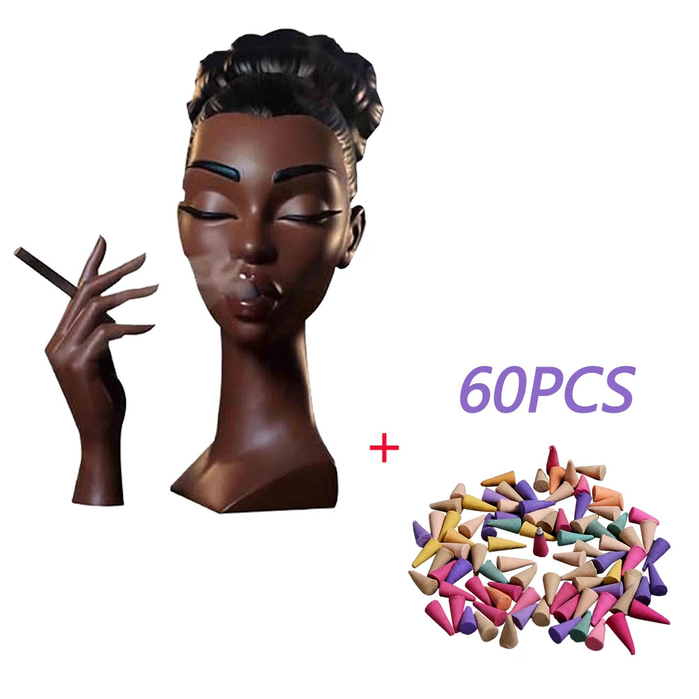 NEW Head Incense Burner Black Women Face Resin Incense Holder With 60Pcs Incense Cones for Bedroom Office Home