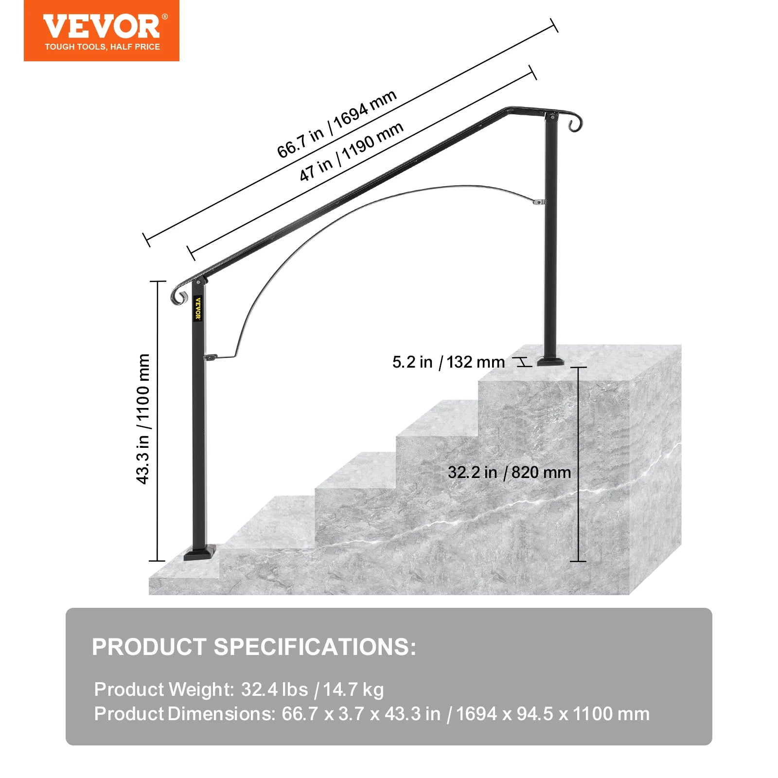 Outdoor Stair Handrail for 4 or 5 Steps, Wrought Iron, Black