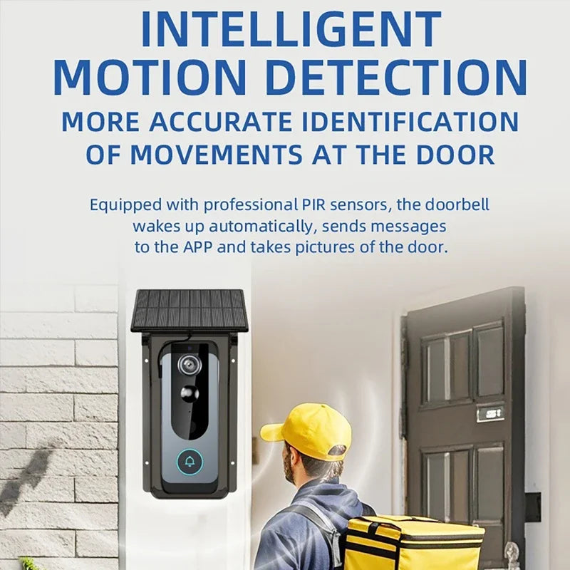 Outdoor Wireless Video Doorbell with Solar Rain Cover Camera IP65 Waterproof Digital Door Monitoring Smart Home Video Intercome