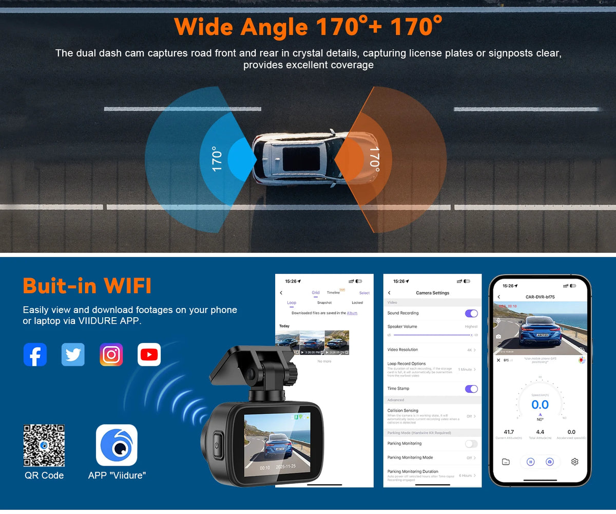 Soam 4K+4K Dash Cam Front and Rear Built-in WiFi 170°Wide Angle 2" IPS Screen Night Vision WDR 24H Parking Mode Mini Black Box