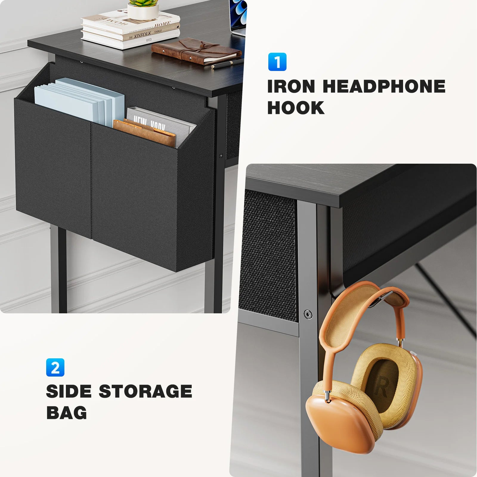 32 Inch Modern Office Desk with Drawers and Side Storage Bag